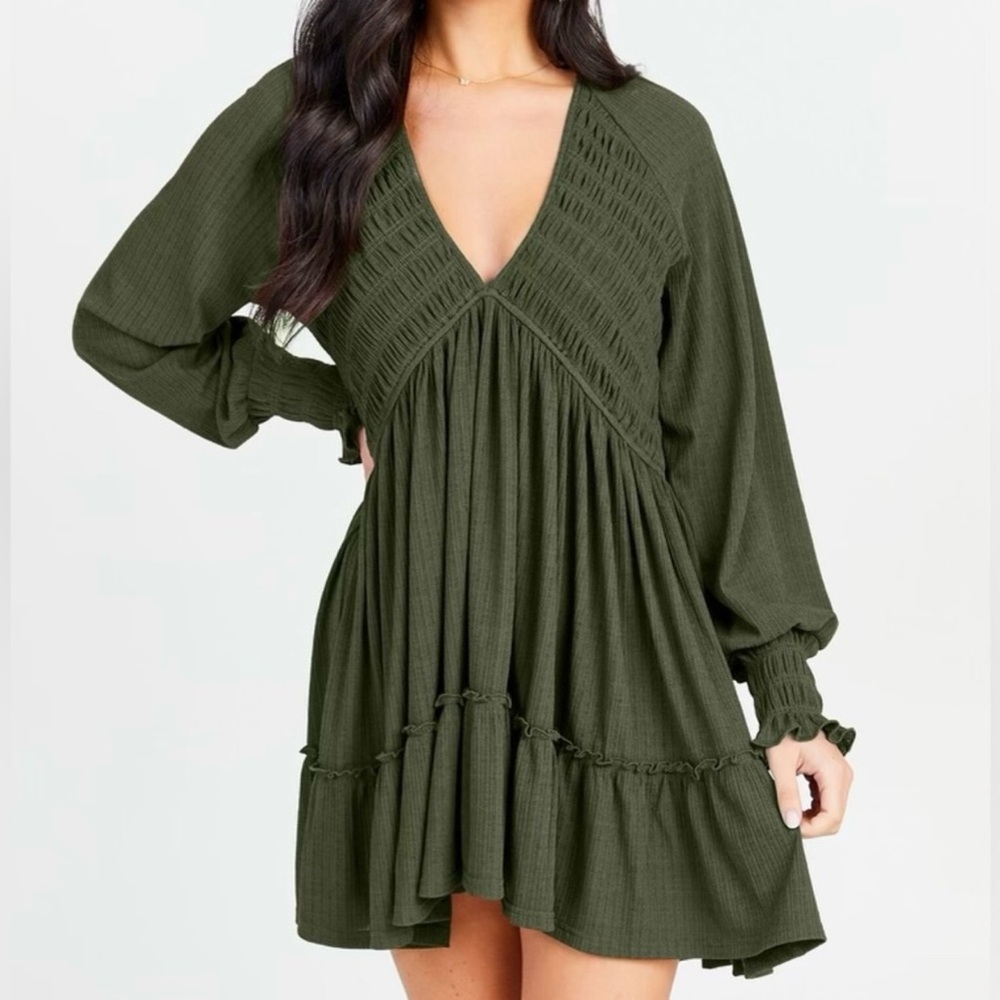 Altar'd State - Dana Smocked Long Sleeve Mini Dress in Olive (NWT) - Size : XS